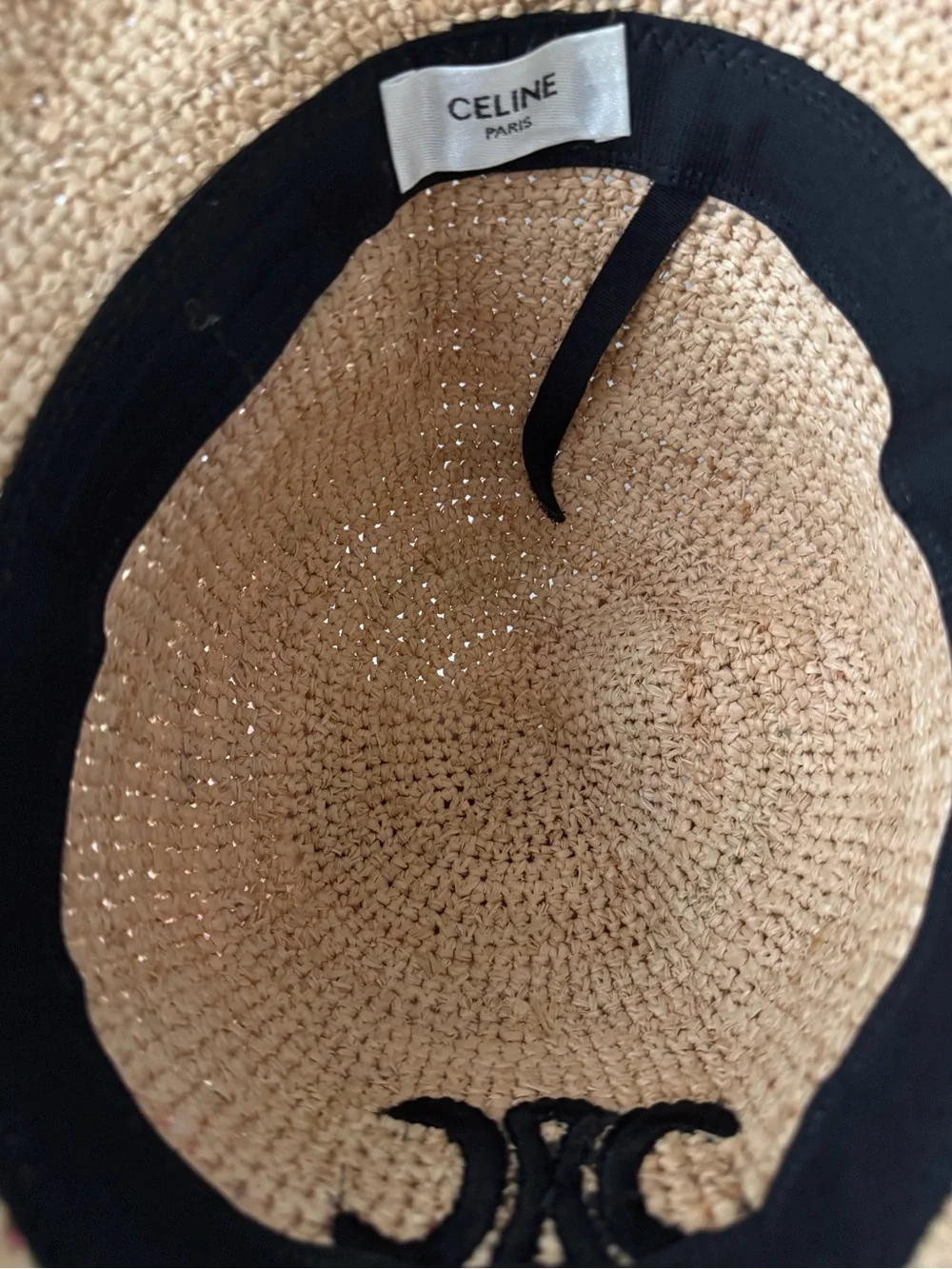 Natural Woven Raffia Bucket Hat Black Embroidery Flared Brim New without Tags